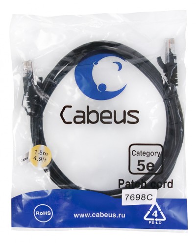 Патч-корд медный U/UTP кат.5е (1,5м) LSZH (черный) Cabeus (PC-UTP-RJ45-Cat.5e-1.5m-BK-LSZH) в Волгограде Патчкорды (медные) Pintop.ru