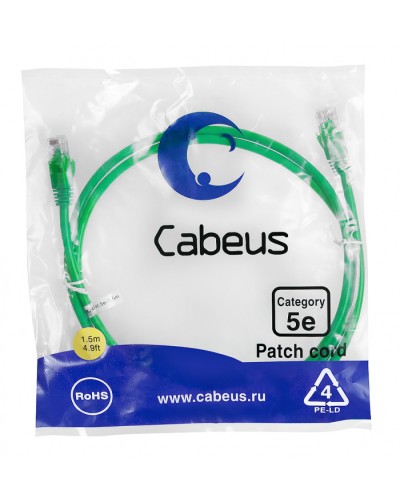 Патч-корд медный U/UTP кат.5е (1,5м) LSZH (зеленый) Cabeus (PC-UTP-RJ45-Cat.5e-1.5m-GN-LSZH) в Волгограде Патчкорды (медные) Pintop.ru
