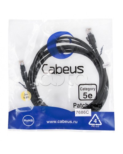 Патч-корд медный U/UTP кат.5е (3м) LSZH (черный) Cabeus (PC-UTP-RJ45-Cat.5e-3m-BK-LSZH) в Волгограде Патчкорды (медные) Pintop.ru