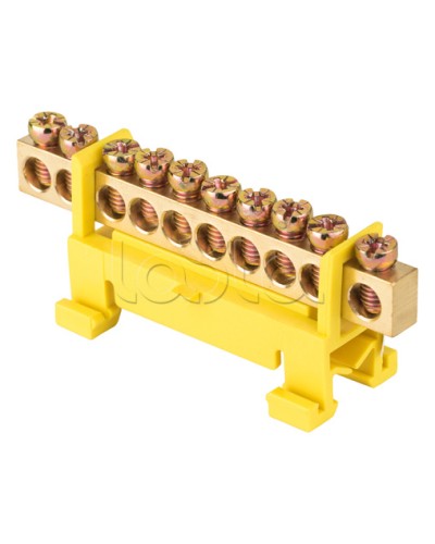 Шина 0 PE (6х9мм) 10 отверстий латунь желтый изолятор тип Стойка на DIN-рейку EKF PROxima (sn0-63-10-sy) в Волгограде Клеммные колодки Pintop.ru