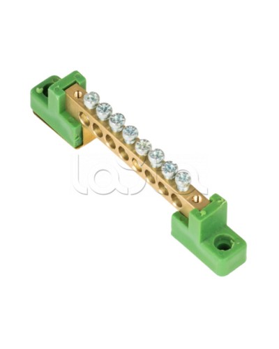 Шина 0 PE 6x9мм 8 отверстий латунь с контактной пластиной 2 зелёных угловых изолятора EKF (sn0-63-08-2-pe) в Волгограде Клеммные колодки Pintop.ru