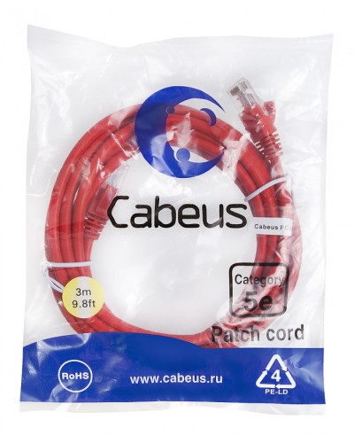 Патч-корд медный U/UTP кат.5е (3м) LSZH (красный) Cabeus (PC-UTP-RJ45-Cat.5e-3m-RD-LSZH) в Волгограде Патч-корды и пигтейлы Pintop.ru