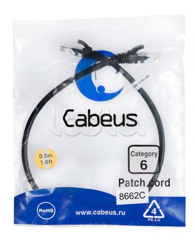 Патч-корд UTP, категория 6, 0.5 м, неэкранированный, черный Cabeus PC-UTP-RJ45-Cat.6-0.5m-BK в Волгограде Патчкорды (медные) Pintop.ru