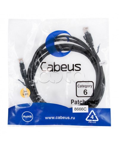Патч-корд UTP, категория 6, 3 м, неэкранированный, черный Cabeus PC-UTP-RJ45-Cat.6-3m-BK в Волгограде Патчкорды (медные) Pintop.ru