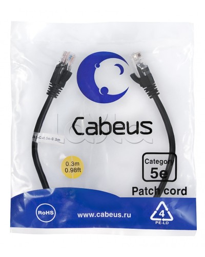 Патч-корд медный U/UTP кат.5е (0,3м) LSZH (черный) Cabeus (PC-UTP-RJ45-Cat.5e-0.3m-BK-LSZH) в Волгограде Патчкорды (медные) Pintop.ru